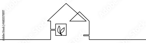 Eco house sign. Symbol of sustainable living, green architecture, ecology and environmental care, vector illustration in continuous line style