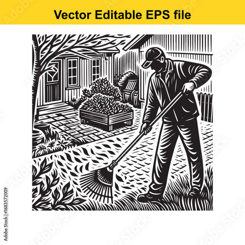 Gardener raking leaves in front of a house in a woodcut style