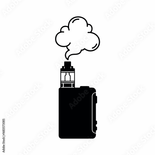 A minimalist black silhouette of a classic vape mod is presented in a clean 2D flat vector style, emitting a stylized, easy-to-trace cloud of vapor, isolated on a pristine white background.