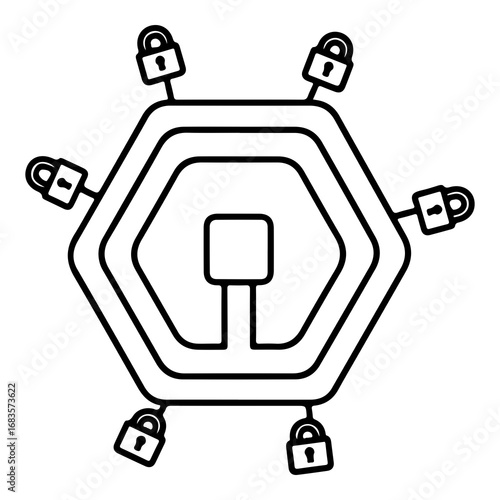 Hexagonal vector illustration of a network hub with six connection ports and padlocks representing security