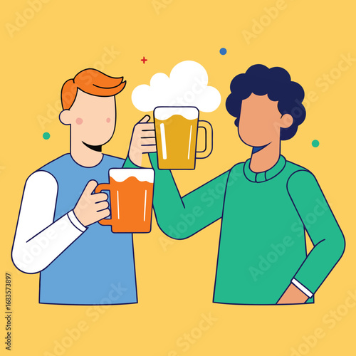 Two friends clinking beer mugs in a celebratory toast