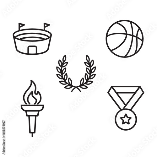 Sports Line Icons Pack: Olympics Stadium Torch Medal Laurel Ball Vector