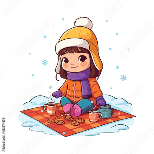Cartoon illustration of a little girl on a sled in the snow, a fun winter sport for kids
