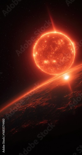 A fiery sun rises over a planet's horizon in a dark, star-speckled cosmos.  Fiery, colossal sun dominates the upper portion of the image, radiating intense orange-red hues. 
