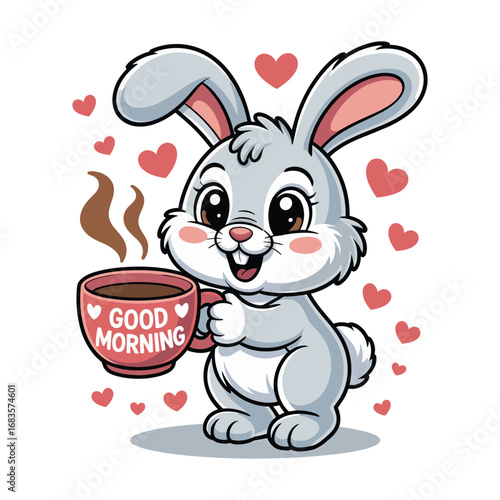 Adorable cartoon bunny enjoys a warm cup of coffee surrounded by hearts