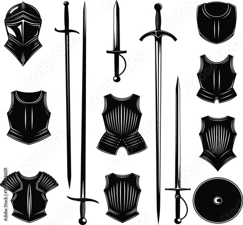 Silhouettes of medieval armor pieces and weapons including helmets, breastplates, swords, and shields, representing historical combat gear.