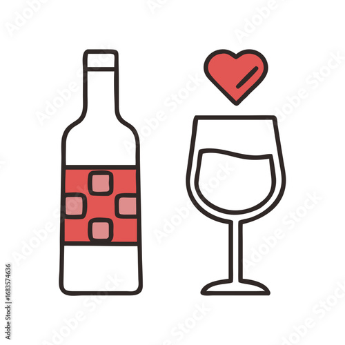 Vector art of wine bottle and glass with heart for romantic celebration or valentines day event, perfect for a love date