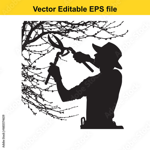 Silhouette of a gardener pruning a tree with pruning shears