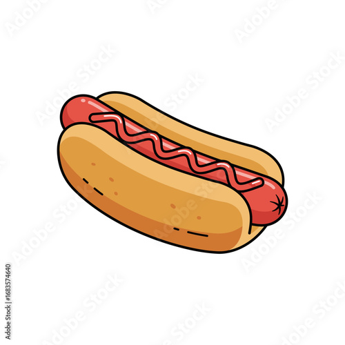 Simple Cartoon Hot Dog with Ketchup.