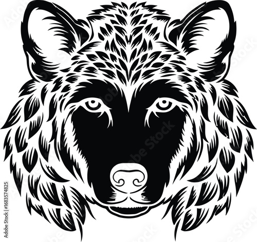 Intricate Black and White Wolf Head Illustration Featuring Detailed Design elements