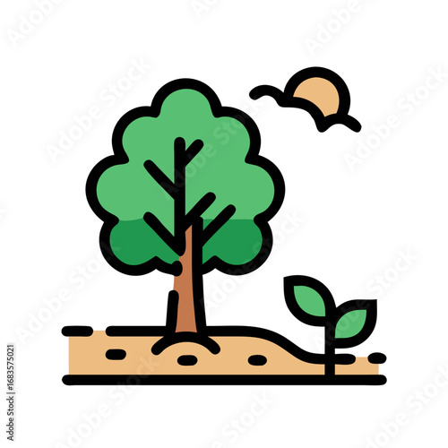 Illustration of a tree with a seedling and sun, representing nature, growth, and environmental care