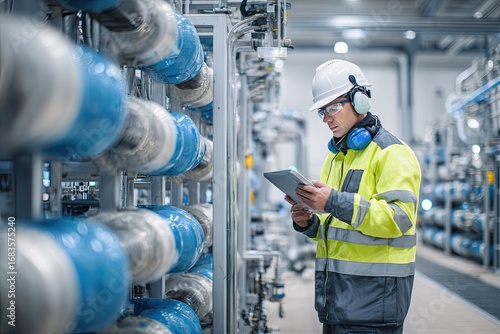 Industrial engineer using tablet to inspect factory equipment for maintenance and data analysis.