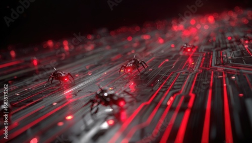 Cybernetic insects swarm a circuit board.  Red glow illuminates robotic crawlers on a complex circuit layout against a dark background