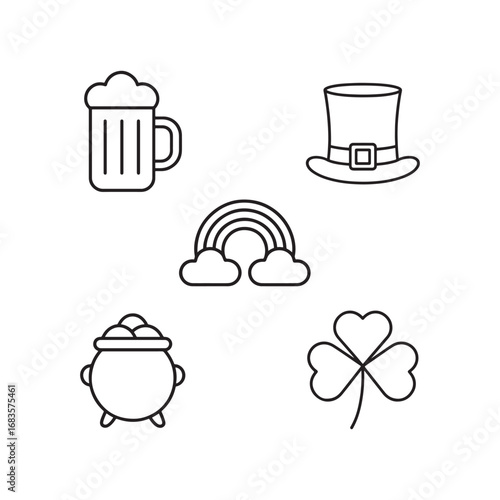 St Patricks Day Line Icons Pack: Shamrock Leprechaun Beer Rainbow Gold Vector