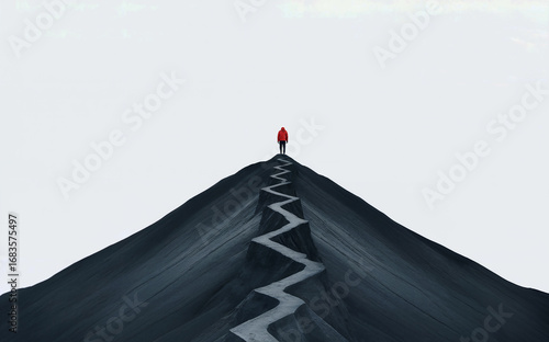 Person standing at the top of a dark mountain with a winding path, symbolizing achievement, challenging journey, and overcoming obstacles
