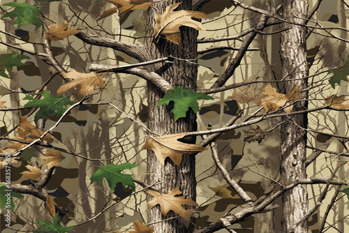 Realistic forest camouflage. Seamless pattern. Vector camouflage pattern. Deer hunting background. Conifer tree, branches and leaves. Useable for hunting and military purposes