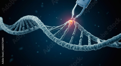 A highly detailed 3D render of a CRISPR gene editing concept, showing a DNA helix being precisely cut and edited by a futuristic nanite tool, on a dark blue background