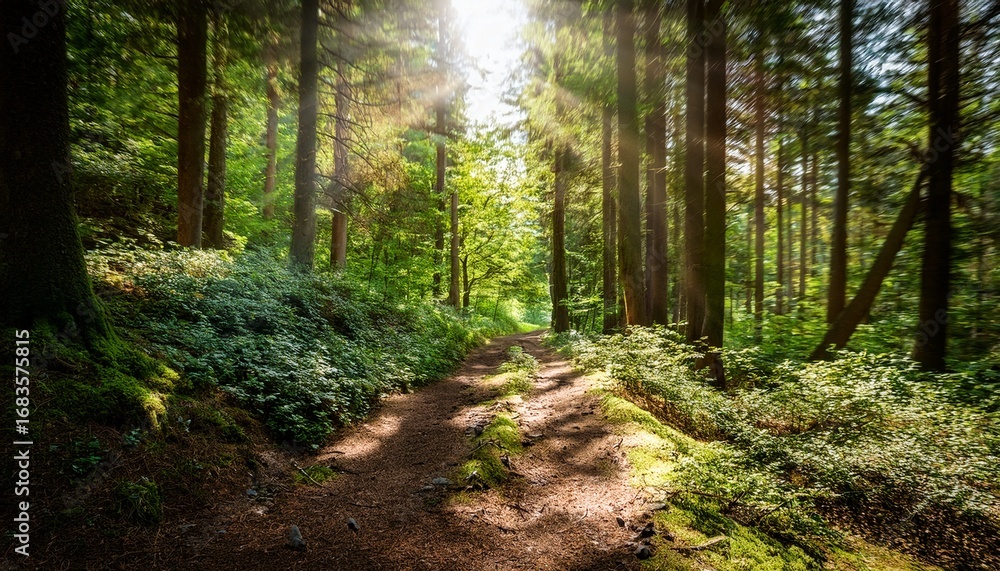 Fototapeta premium sun dappled forest path in summer