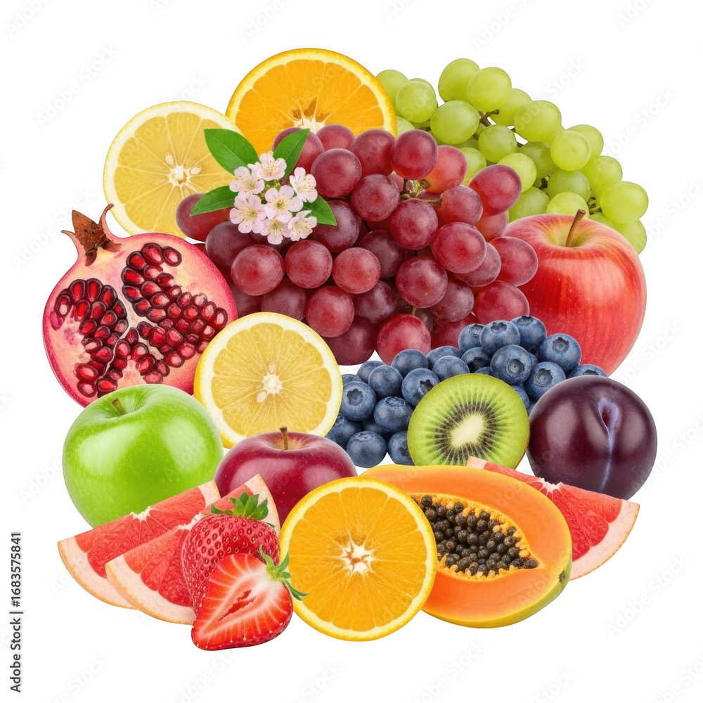 Vibrant assortment of fresh whole fruits and slices arranged artfully transparent background Vibrant assortment of fresh whole fruits and slices arranged artfully transparent background