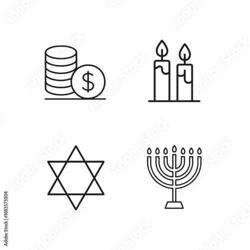 Hanukkah Line Icons Pack: Menorah Dreidel Gelt Candles Star Vector