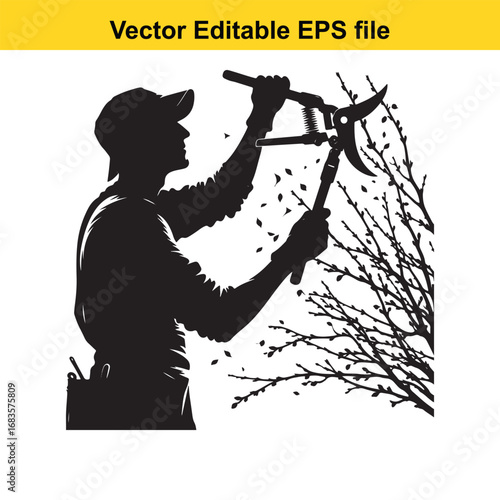 Gardener silhouette pruning a tree with shears, isolated on white background