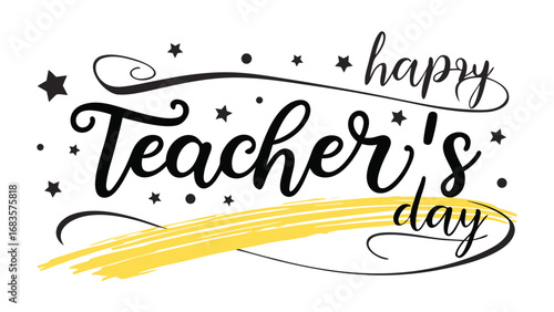Happy teachers day illustration with teacher and students following a pencil isolated on white background