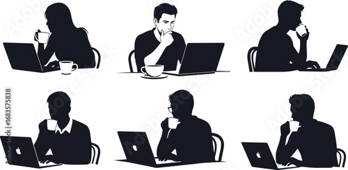 Silhouettes of people working on laptops while drinking coffee, remote work, focused individuals, digital nomads, coffee break, productive workspace, modern office lifestyle, online work environment