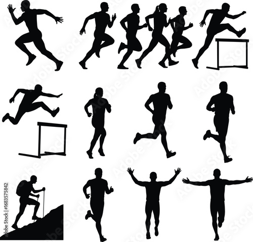 Silhouettes of runners, joggers, hurdlers, and athletes in motion — vector icons for fitness, competition, and outdoor exercise