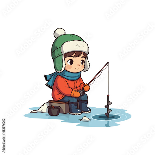 Cartoon vector illustration of a little boy on a sled having fun in the winter snow