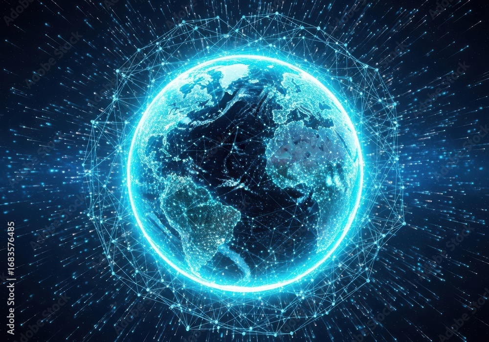 Obraz premium Digital globe with glowing network connections and data streams