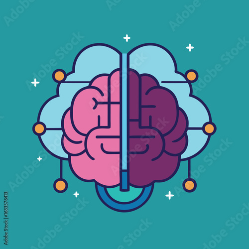 Abstract brain concept with digital connections and light blue cloud shapes