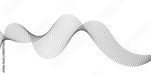 Minimalist illustration featuring dotted waveforms in black fading to gray, gracefully intertwining and creating a fluid, rhythmic structure on a clean white backdrop, symbolizing connectivity, 