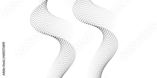Minimalist illustration featuring dotted waveforms in black fading to gray, gracefully intertwining and creating a fluid, rhythmic structure on a clean white backdrop, symbolizing connectivity, 