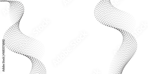 Dynamic wavy pattern of dotted lines in gradient black tones, flowing horizontally with overlapping curves that give depth and motion, resembling sound waves, data visualization, or digital abstract a