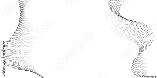 Dynamic wavy pattern of dotted lines in gradient black tones, flowing horizontally with overlapping curves that give depth and motion, resembling sound waves, data visualization, or digital abstract a