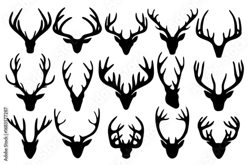 A striking collection of diverse deer antler and stag head silhouettes, perfect for rustic decor, hunting themes, or wildlife-inspired design projects and creative branding