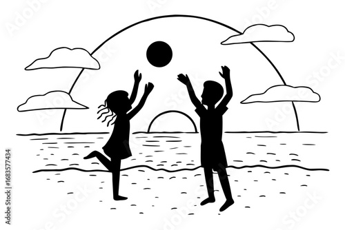 Children's joyful moment Silhouette of kids playing catch with a ball on a beach at sunset, capturing carefree fun