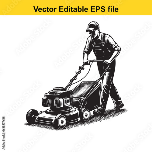 Gardener pushing a lawn mower, isolated on white background