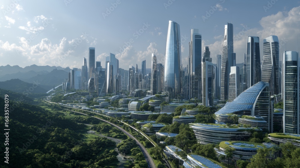 Obraz premium Futuristic Solar-Powered City Skyline Surrounded by Nature and Modern Architecture
