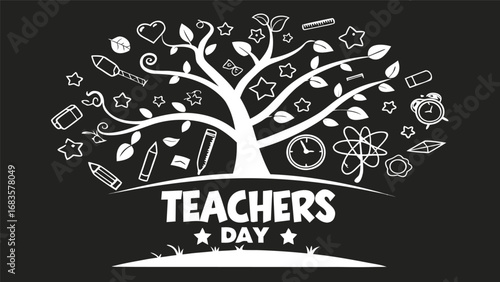 Happy teachers day illustration with teacher and students isolated on white background
