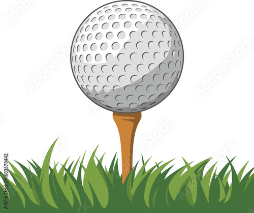 Close up of a white golf ball on a wooden tee in green grass