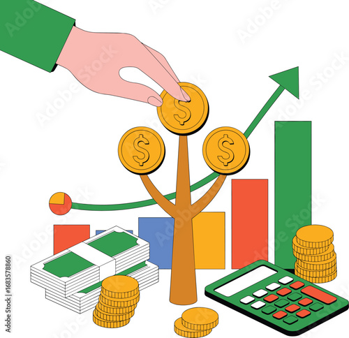 Hand planting coins on a money tree with financial growth chart and calculator