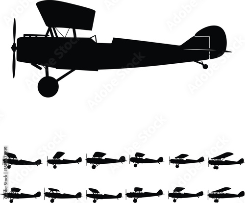 Vintage biplane airplane silhouette side view, classic propeller aircraft, retro aviation design, flying machine, old airplane, pilot, travel concept