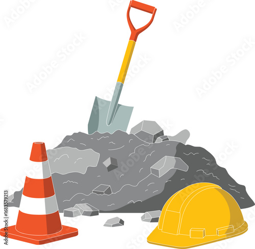 Construction site scene with shovel traffic cone and hard hat