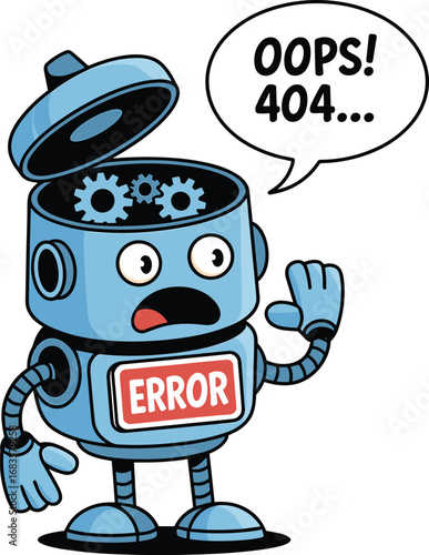 Cute cartoon robot with an open head and error message saying oops 404