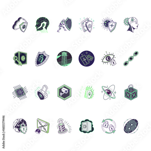 Cybersecurity Icons: Shields, Locks, and Digital Guardians, Safeguarding Digital Space with Secure Solutions: A Set of Graphic Elements