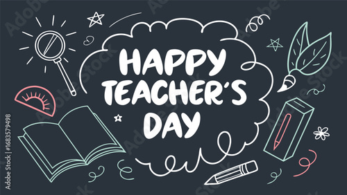 Black and white illustration of a notebook, glasses, flowers, hearts and pen isolated on white background