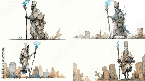 Dark fantasy watercolor illustration of mysterious robed figures with staffs and glowing torches wandering in a graveyard setting.