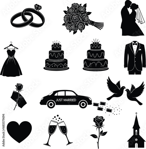 Wedding Icons Set: Rings, Bouquet, Bride and Groom, Wedding Dress, Cake, Doves, Church, Champagne, Just Married Car, Love Symbols