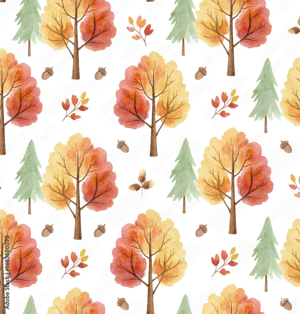 Obraz premium Watercolor Fall Trees and Acorns Seamless Pattern